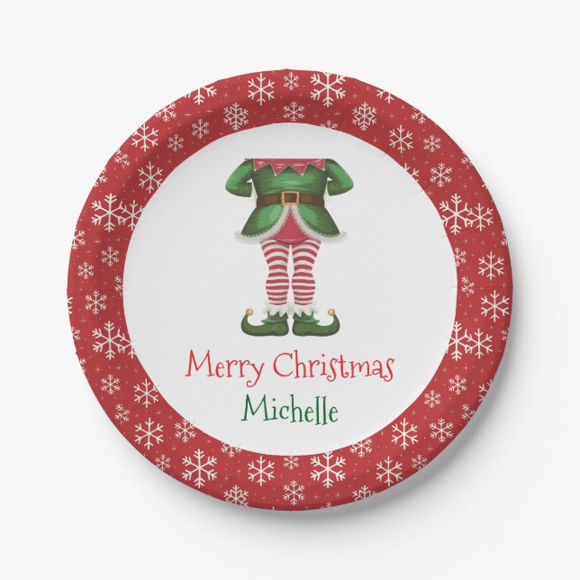 Personalized Christmas Holiday Elf Feet Snowflakes Paper Plate (Front)