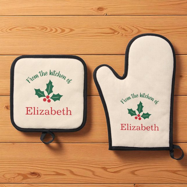Personalized Christmas Holiday Kitchen Holly Berry Oven Mitt & Pot Holder Set (Creator Uploaded)