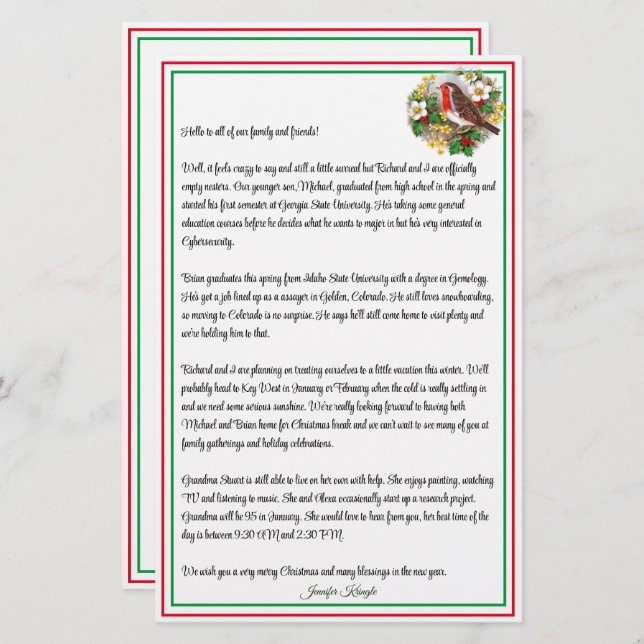 Personalized Christmas Holiday Newsletter Bird (Front/Back)