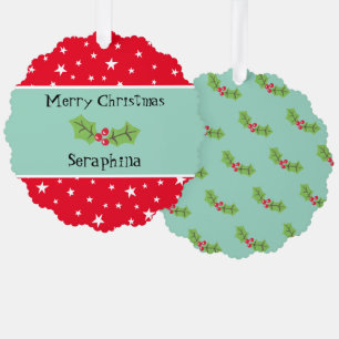 Personalized Christmas Holly & Berries Ornament Card