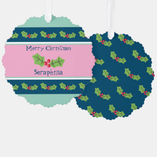 Personalized Christmas Holly & Berries Ornament Card