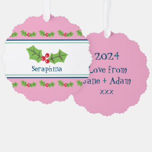 Personalized Christmas Holly & Berries Ornament Card