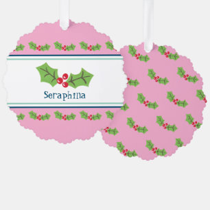 Personalized Christmas Holly & Berries Ornament Card