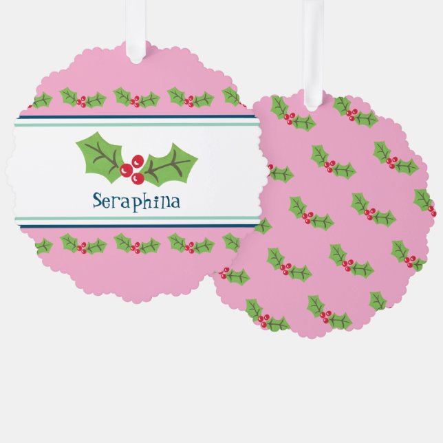 Personalized Christmas Holly & Berries Ornament Card (Front/Back)