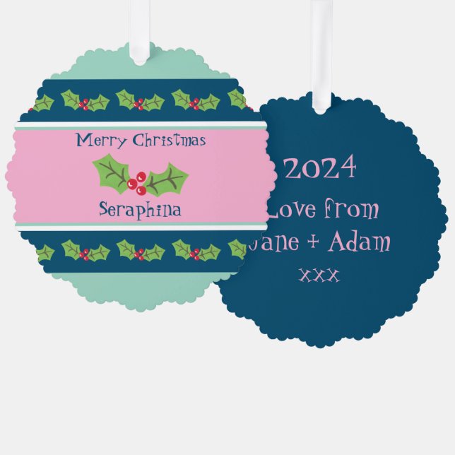Personalized Christmas Holly & Berries Ornament Card (Front/Back)