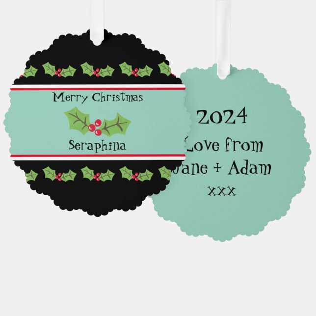 Personalized Christmas Holly & Berries Ornament Card (Front/Back)
