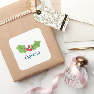 Personalized Christmas Holly & Berries Square Sticker