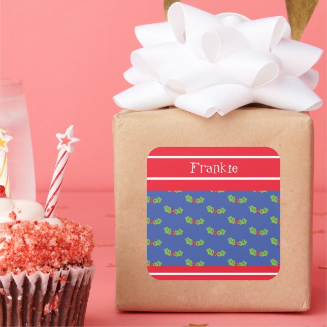 Personalized Christmas Holly & Berries Square Sticker (Party)