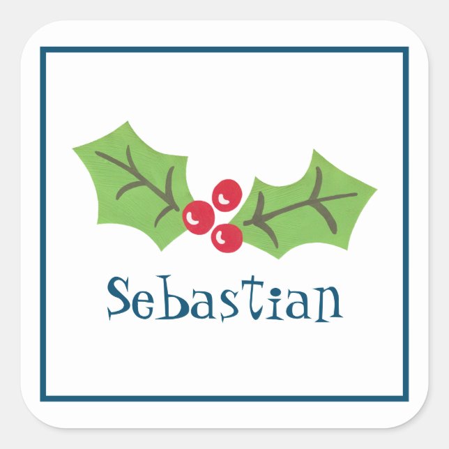 Personalized Christmas Holly & Berries  Square  Sticker (Front)