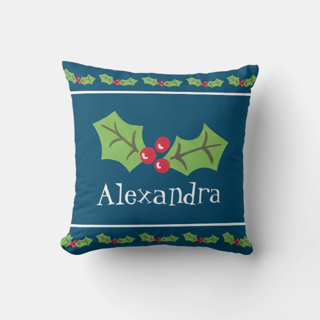 Personalized Christmas Holly & Berries Throw Pillow (Front)