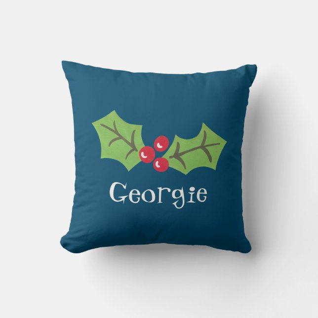 Personalized Christmas Holly & Berries Throw Pillow (Front)