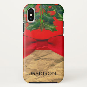 Personalized Christmas Holly Leaves and Red Bow Case-Mate iPhone Case