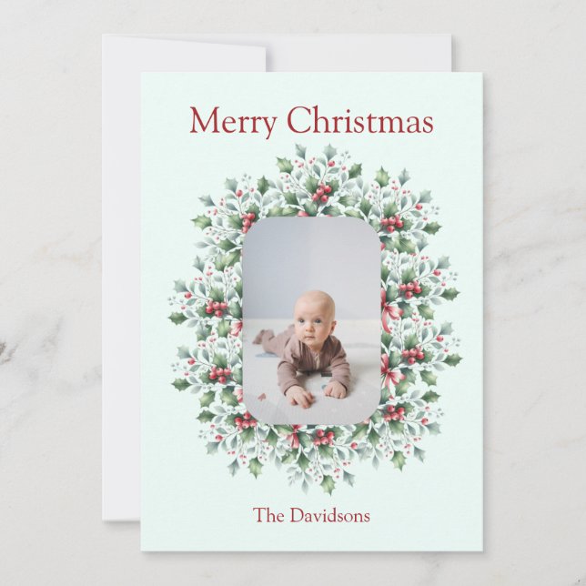 Personalized Christmas Holly Photo Card (Front)