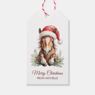 Personalized Christmas horse Santa hat Holly Berry Gift Tags