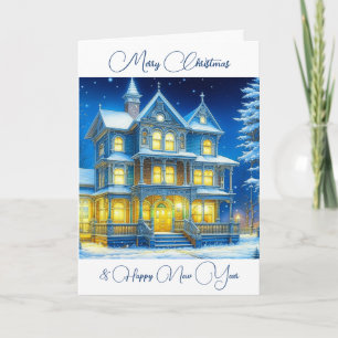 Personalized Christmas House on a Snowy Night Card