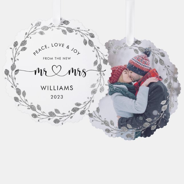 Personalized Christmas Husband Wife Wreath Photo Ornament Card (Front/Back)