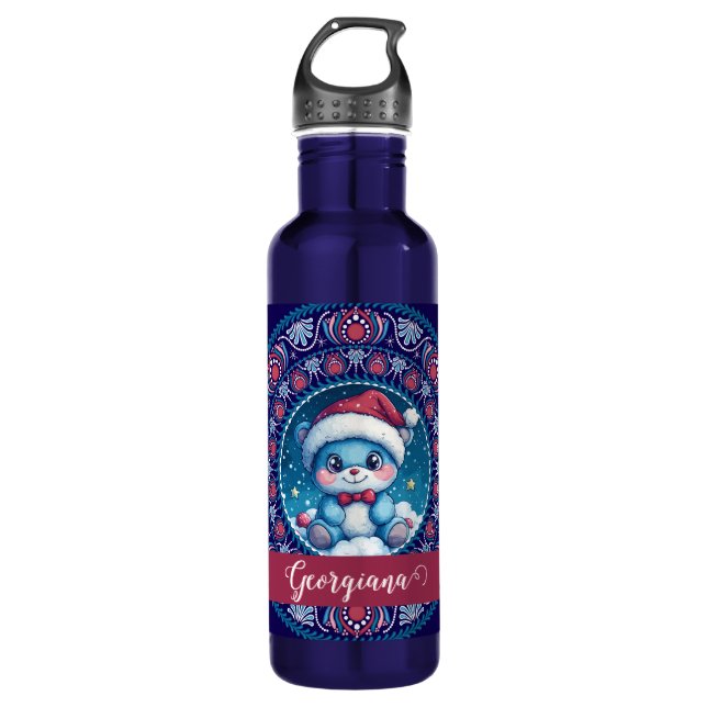 Personalized Christmas Kawaii Bear Dot Mandala 710 Ml Water Bottle (Front)