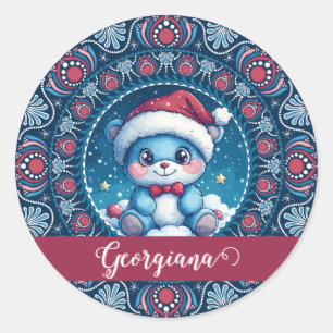 Personalized Christmas Kawaii Bear Dot Mandala Classic Round Sticker