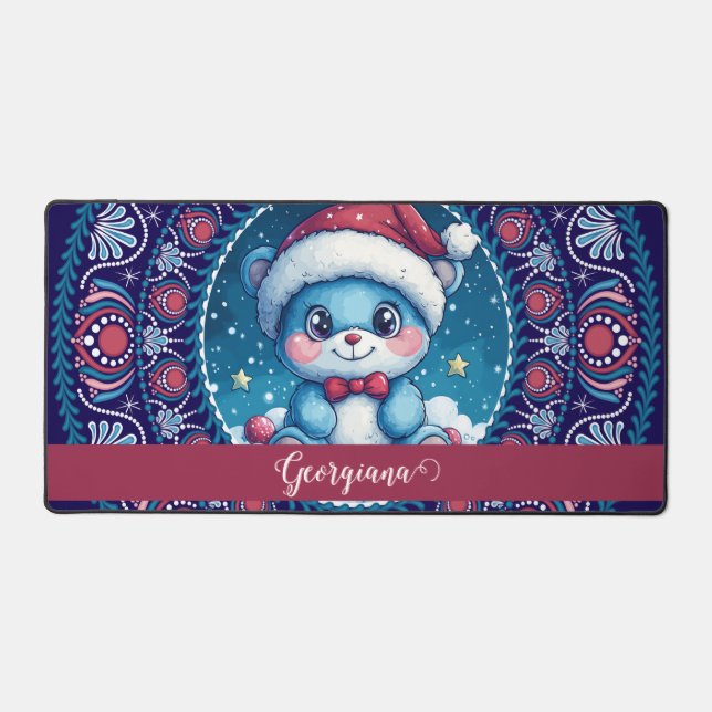 Personalized Christmas Kawaii Bear Dot Mandala Desk Mat (Front)