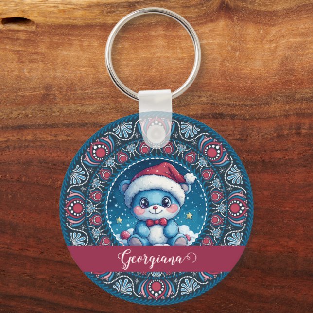 Personalized Christmas Kawaii Bear Dot Mandala Keychain (Front)