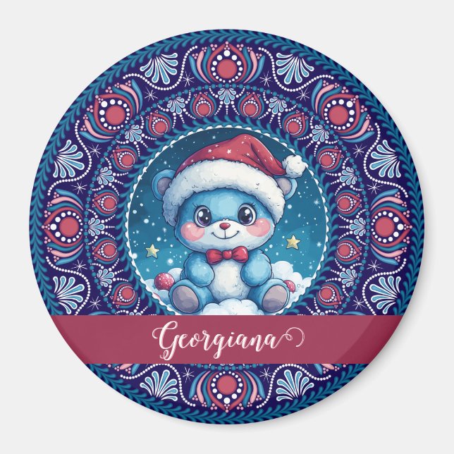 Personalized Christmas Kawaii Bear Dot Mandala Magnet (Front)