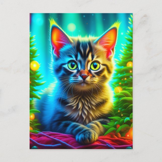Personalized Christmas Kitten and Christmas Trees Postcard (Front)