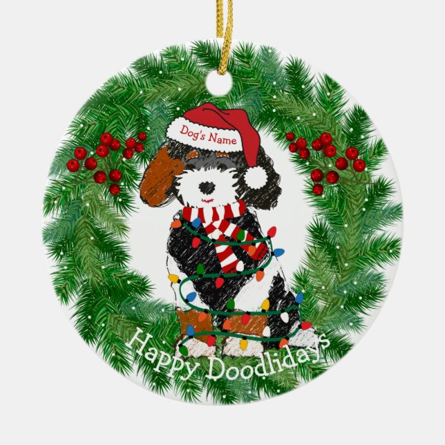 Personalized Christmas Lights Bernedoodle Ceramic Ornament (Front)