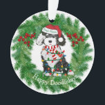 Personalized Christmas Lights Sheepadoodle Acrylic Ornament<br><div class="desc">Cute Personalized Cartoon Sheepadoodle Puppy wearing Personalized Santa hat,  wrapped in christmas lights. Festive christmas wreath border. Adorable sheepadoodle holiday Acrylic ornament!</div>