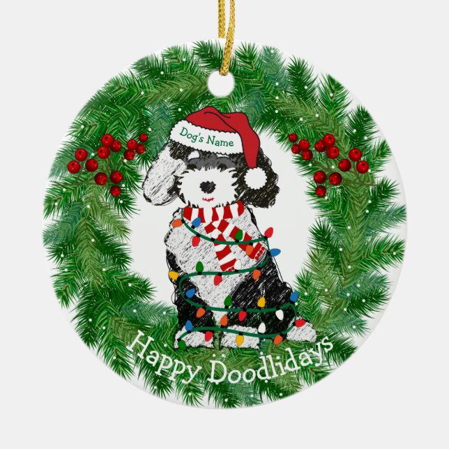 Personalized Christmas Lights Sheepadoodle Ceramic Ornament (Front)