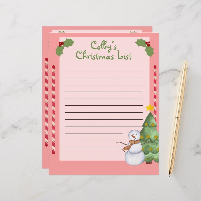 Personalized Christmas List with Snowman (Front/Back In Situ)