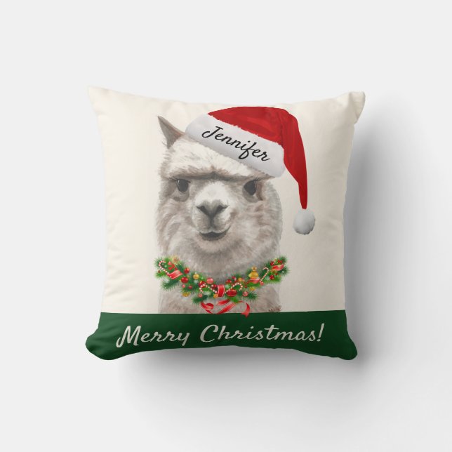 Personalized Christmas Llama Smiles Throw Pillow (Front)