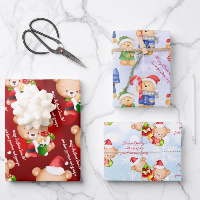 Personalized Christmas message template teddy bear Wrapping Paper Sheet (Front)