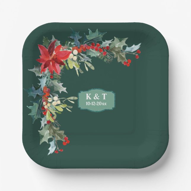 Personalized Christmas Mistletoe Wreath Paper Plate (Front)