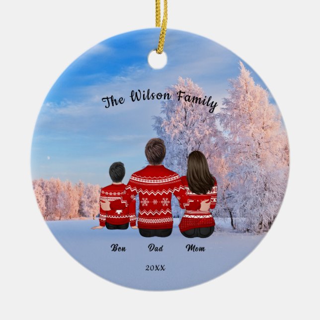 Personalized Christmas Mom Dad Boy Family Ceramic Ornament (Front)