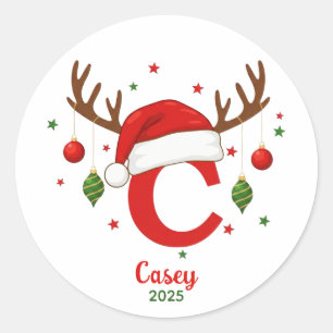 Personalized Christmas Monogram C Santa Hat Classic Round Sticker