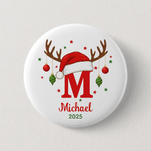 Personalized Christmas Monogram M Santa Hat 2 Inch Round Button