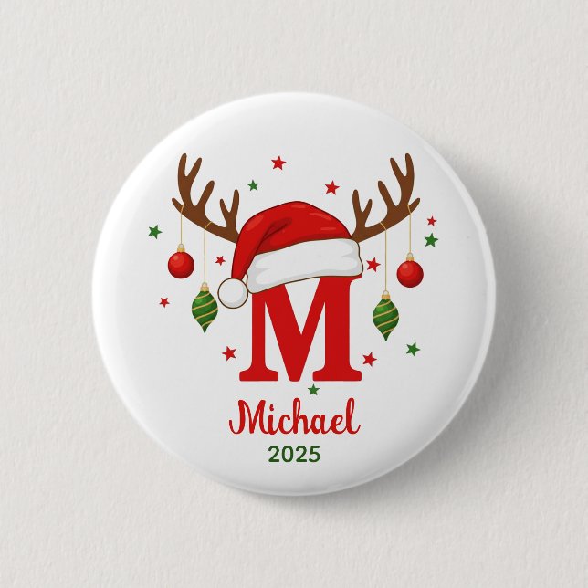 Personalized Christmas Monogram M Santa Hat 2 Inch Round Button (Front)