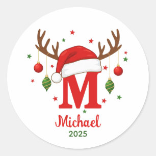 Personalized Christmas Monogram M Santa Hat Classic Round Sticker