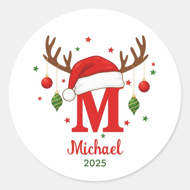 Personalized Christmas Monogram M Santa Hat Classic Round Sticker (Front)