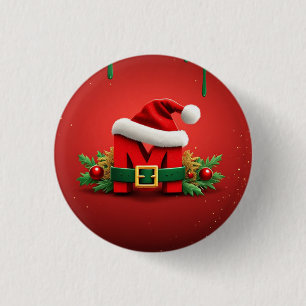 Personalized Christmas Monogram M with Santa Hat  1 Inch Round Button