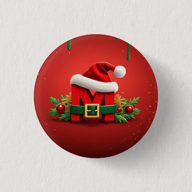 Personalized Christmas Monogram M with Santa Hat  1 Inch Round Button (Front)