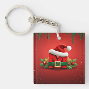 Personalized Christmas Monogram M with Santa Hat Keychain