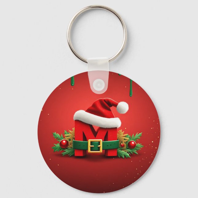 Personalized Christmas Monogram M with Santa Hat  Keychain (Front)