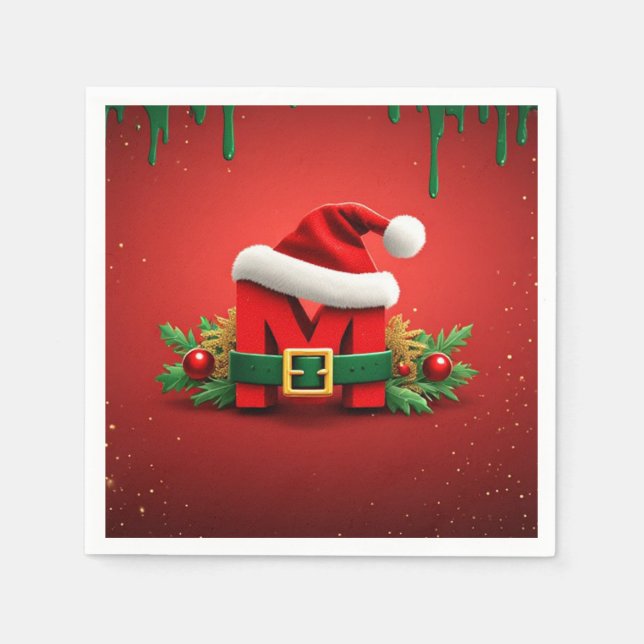 Personalized Christmas Monogram M with Santa Hat  Napkin (Front)