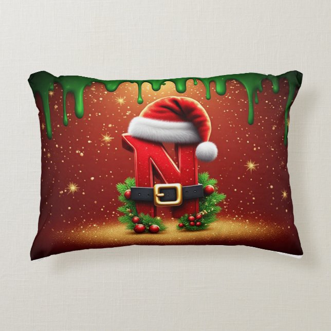 Personalized Christmas Monogram N with Santa Hat  Accent Pillow (Front)