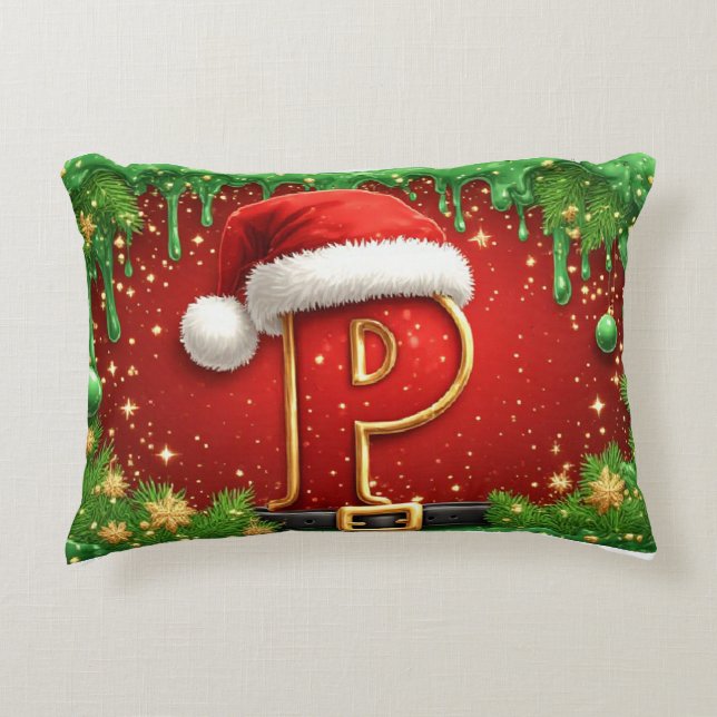 Personalized Christmas Monogram P with Santa Hat  Accent Pillow (Front)