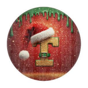 Personalized Christmas Monogram T with Santa Hat Cutting Board
