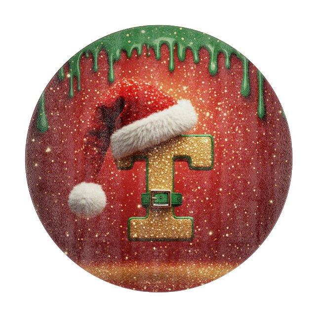 Personalized Christmas Monogram T with Santa Hat Cutting Board (Front)