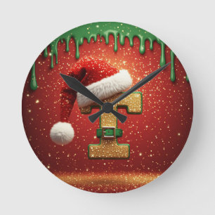Personalized Christmas Monogram T with Santa Hat Round Clock