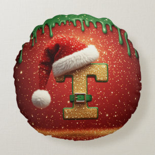 Personalized Christmas Monogram T with Santa Hat Round Pillow
